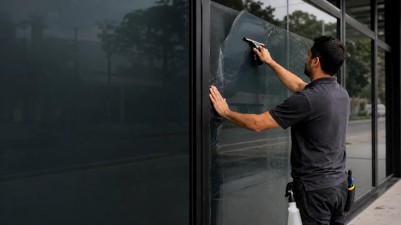 Instalador aplicando película profissional em um painel de vidro
